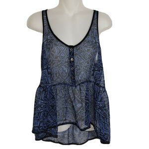 ECOTE Womens Tank Top Size Small Blue Black Print Racerback Sheer Peplum Hi Low